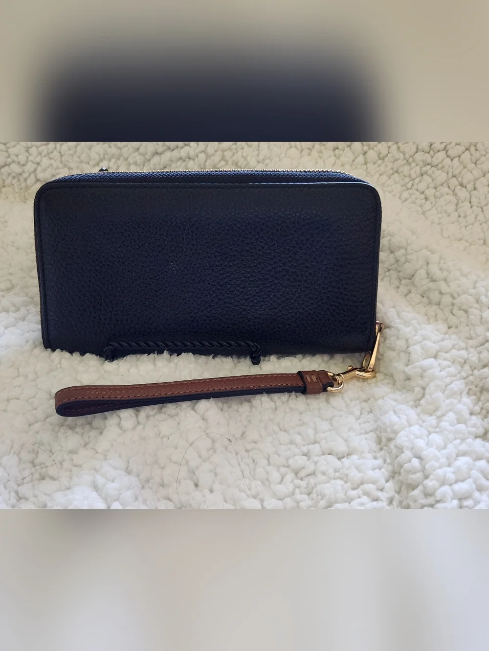 Coach Black Pebbled Leather Wallet/Wristlet with Brown Strap